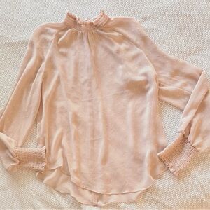 ANN TAYLOR Dot Smocked Ruffle Neck Chiffon Blush Soft Pink Blouse Smock Sleeves